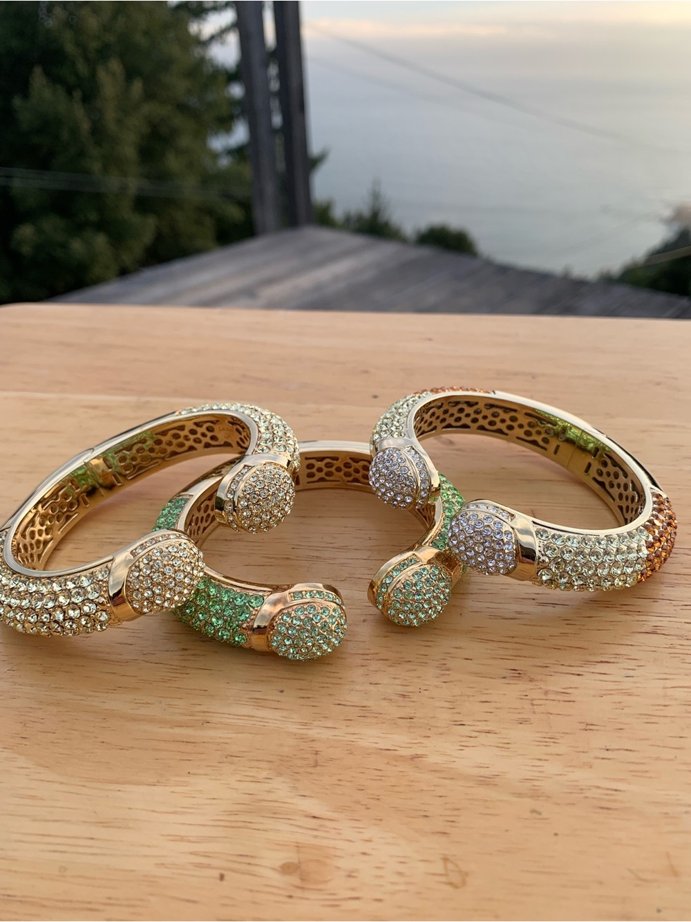 Joan Boyce Gold-Tone Pavé Crystal Open Cuff Bracelet w/Grn,Orange or Clear Stone